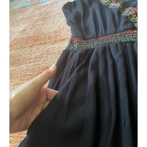 Lapogee Black Boho Maxi Dress L Ethnic Print 100% Rayon Made in India Pockets - Picture 5 of 8